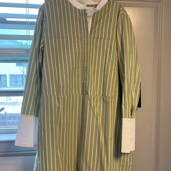 Pomander Place Sage Green and White Striped Shirt Dress - Picture 2 of 4
